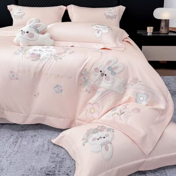New Class A Double-Strand 50s Satin Long-Staple Cotton Four-Piece Set with Embroidered Duvet Cover and Fitted Sheets, High-End Gift Box Packaging, Rainbow Rabbit Series