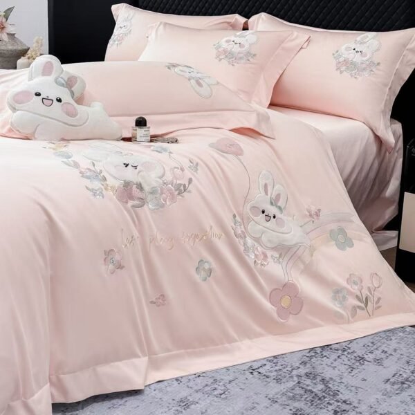 New Class A Double-Strand 50s Satin Long-Staple Cotton Four-Piece Set with Embroidered Duvet Cover and Fitted Sheets, High-End Gift Box Packaging, Rainbow Rabbit Series
