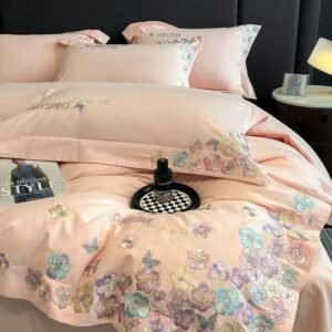 Class A 50S Double-Strand Ultra-Soft and Fine Denier Long-Staple Cotton Brushed Warm Embroidered Four-Piece Set, Pure Cotton Thickened Embroidered Cotton Sheet and Duvet Cover - Hua Jin Series
