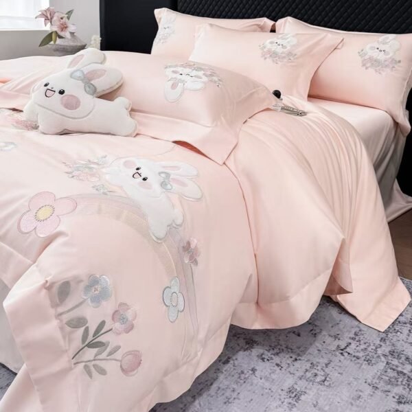 New Class A Double-Strand 50s Satin Long-Staple Cotton Four-Piece Set with Embroidered Duvet Cover and Fitted Sheets, High-End Gift Box Packaging, Rainbow Rabbit Series