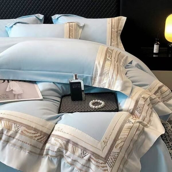 New Ryan Super Soft Class A 50S Double-Strand Ultra-Fine Denier Long Staple Cotton Brushed Embroidered Four-Piece Bedding Set for Autumn and Winter, Thickened Pure Cotton Embroidered Bedding, Ryan-Zuma Blue