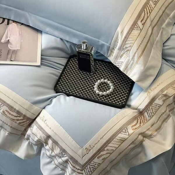 New Ryan Super Soft Class A 50S Double-Strand Ultra-Fine Denier Long Staple Cotton Brushed Embroidered Four-Piece Bedding Set for Autumn and Winter, Thickened Pure Cotton Embroidered Bedding, Ryan-Zuma Blue