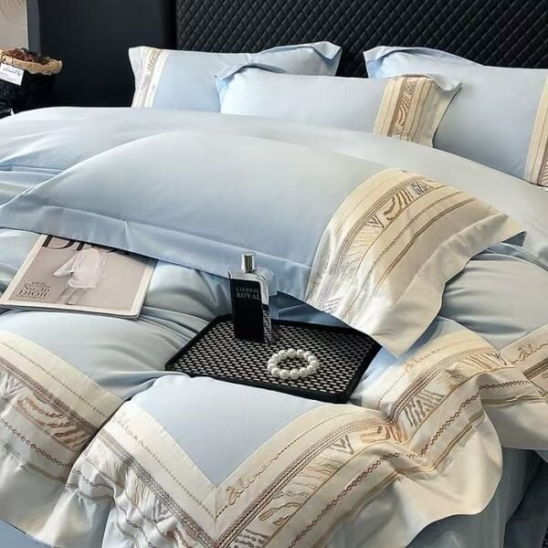 New Ryan Super Soft Class A 50S Double-Strand Ultra-Fine Denier Long Staple Cotton Brushed Embroidered Four-Piece Bedding Set for Autumn and Winter, Thickened Pure Cotton Embroidered Bedding, Ryan-Zuma Blue