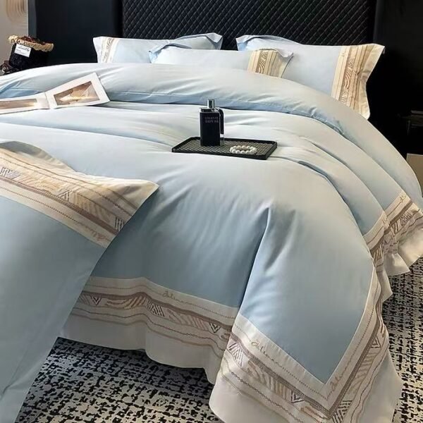 New Ryan Super Soft Class A 50S Double-Strand Ultra-Fine Denier Long Staple Cotton Brushed Embroidered Four-Piece Bedding Set for Autumn and Winter, Thickened Pure Cotton Embroidered Bedding, Ryan-Zuma Blue