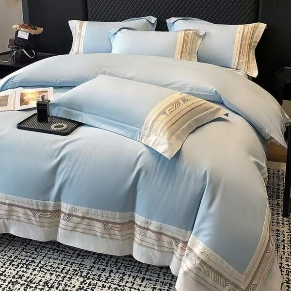 New Ryan Super Soft Class A 50S Double-Strand Ultra-Fine Denier Long Staple Cotton Brushed Embroidered Four-Piece Bedding Set for Autumn and Winter, Thickened Pure Cotton Embroidered Bedding, Ryan-Zuma Blue