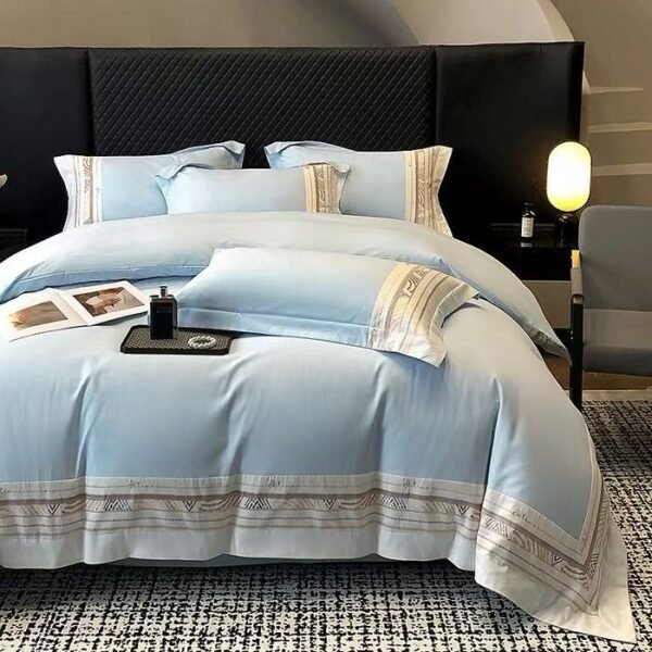 New Ryan Super Soft Class A 50S Double-Strand Ultra-Fine Denier Long Staple Cotton Brushed Embroidered Four-Piece Bedding Set for Autumn and Winter, Thickened Pure Cotton Embroidered Bedding, Ryan-Zuma Blue