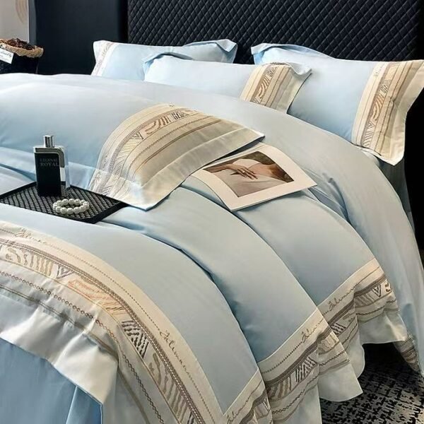 New Ryan Super Soft Class A 50S Double-Strand Ultra-Fine Denier Long Staple Cotton Brushed Embroidered Four-Piece Bedding Set for Autumn and Winter, Thickened Pure Cotton Embroidered Bedding, Ryan-Zuma Blue